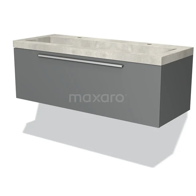 Modulo Waschtische | 120 cm Mittelgrau Flach front Beton 1 Schublade BMW11-02372 Grauer Badschrank mit doppelter Waschtischplatte aus Naturstein, modernes Design und schlanker Metallhaltegriff.