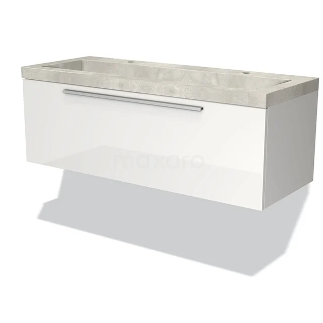 Modulo Bathroom furniture with sink | 120 cm High-gloss white Flat front Concrete 1 drawer BMW11-02375 White floating bathroom unit with vanity units with basin, modern design and chrome handle, ideal for contemporary bathrooms.
