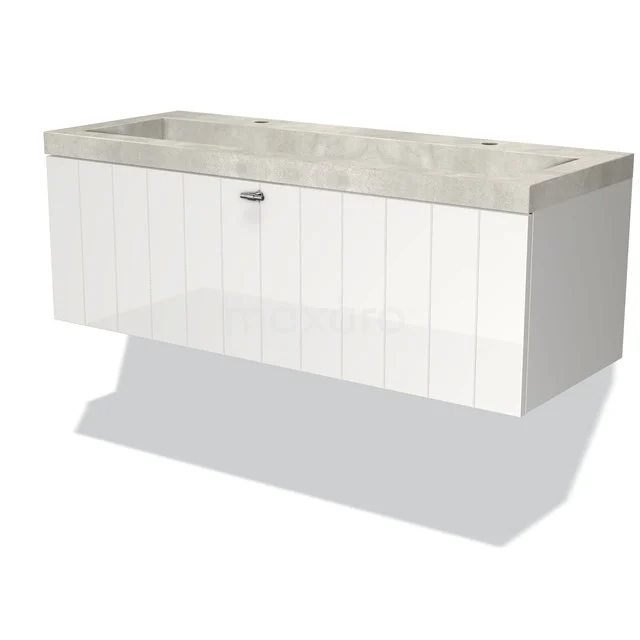 Badkamermeubel 120cm Modulo Hoogglans Wit 1 Lade Lamel Wastafel Beton Greige BMW11-02376