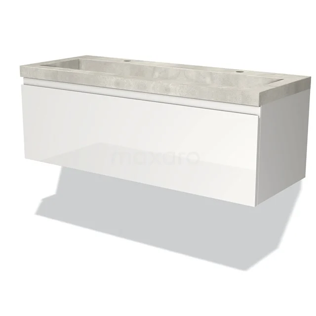 Modulo Vanity units with basin | 120 cm High-gloss white Handle-less front Concrete 1 drawer BMW11-02377 White bathroom unit with marble basin, sleek design and floating assembly. Perfect for a modern bathroom style.