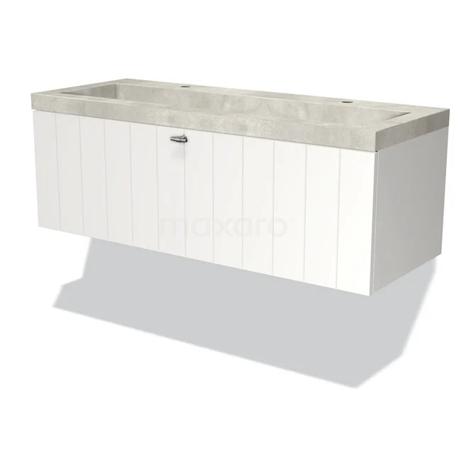 White bathroom unit with horizontal lines, integrated sink in grey natural stone, modern design for bathroom storage.