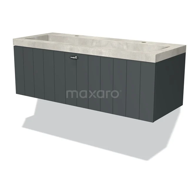 Modern black bathroom furniture set with wood-look fronts, a natural stone basin and a sleek minimalist design.