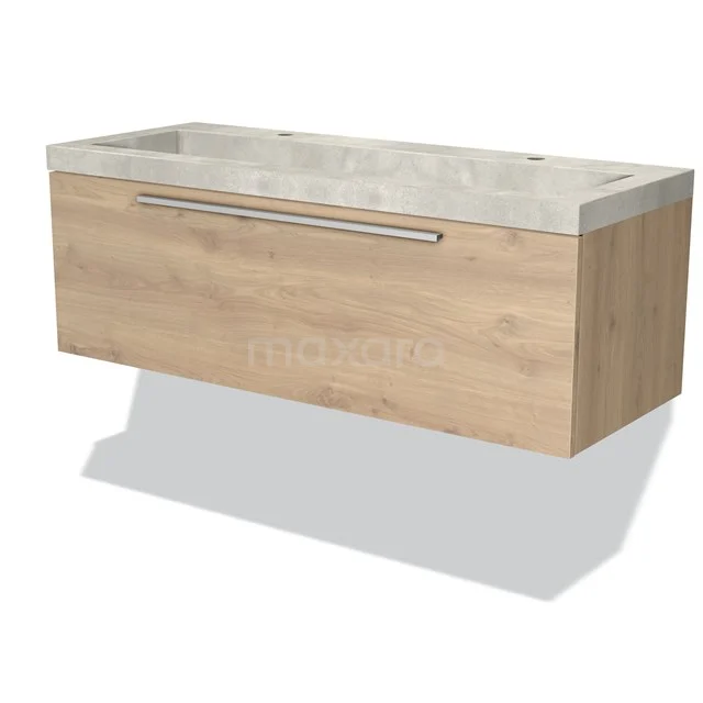 Modulo Vanity units with basin | 120 cm Light brown oak Flat front Concrete 1 drawer BMW11-02391 Modern wooden bathroom unit with marble basin, light wood colour, sleek design and wide drawers for bathroom storage.