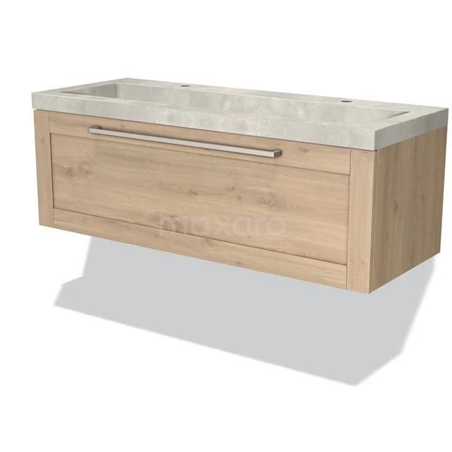 Wooden bathroom unit with drawers, light oak finish and integrated vanity units with basin made of ceramic, modern and sleek design.