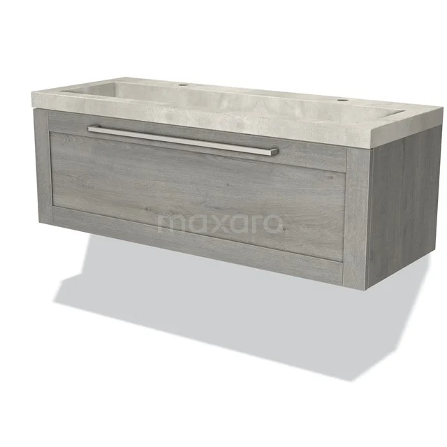 Modulo Waschtische | 120 cm Graue Eiche Rahmen front Beton 1 Schublade BMW11-02398 Graues Holz Badezimmermöbel mit einer Schublade, minimalistisches Design und einem integrierten Waschbecken aus hellem Stein.