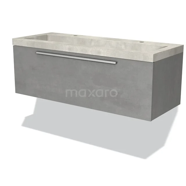 Grey rectangular basin base cabinet with concrete look, including wide handle and suitable for modern bathroom style.