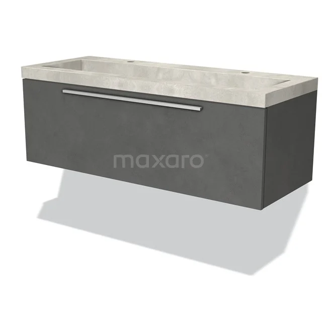 Grey hanging bathroom unit with wide basin, concrete-look worktop and sleek design, ideal for modern bathrooms.
