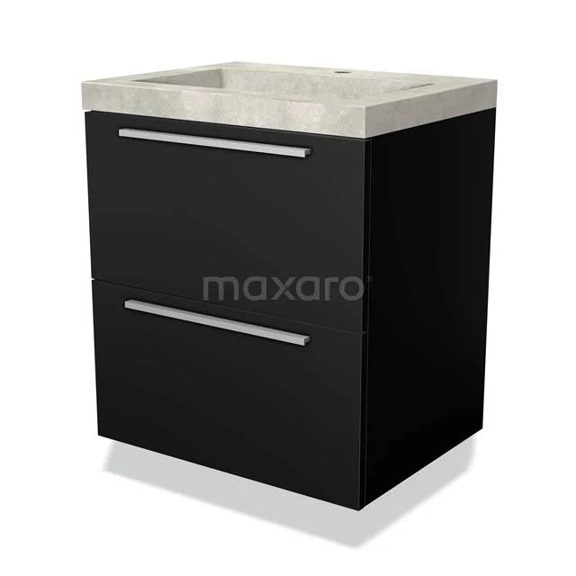 Zwarte badkamerkast met mat zwart afwerking, betonnen wastafel en moderne handgrepen, compact design voor stijlvolle badkamers.