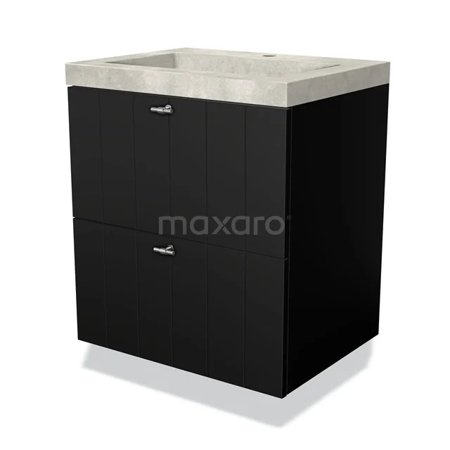 Zwarte badkamerkast met twee lades en betonlook wastafel, modern design voor een stijlvolle badkamer inrichting.
