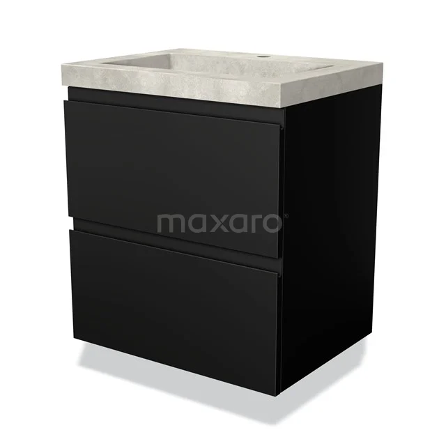 Zwarte badkamermeubel met twee lades en een betonnen wastafelblad, strak ontwerp uit de moderne badkamer serie.