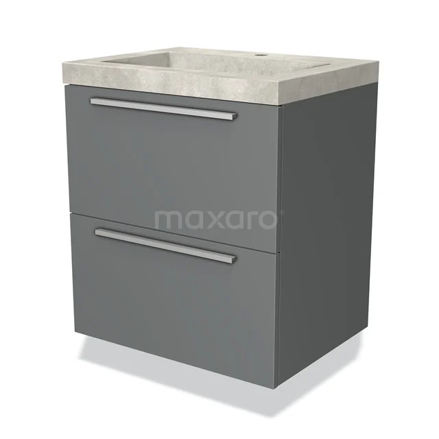Grijs badkamermeubel met twee lades, betonlook wastafel en modern design, ideaal voor compacte badkamers.