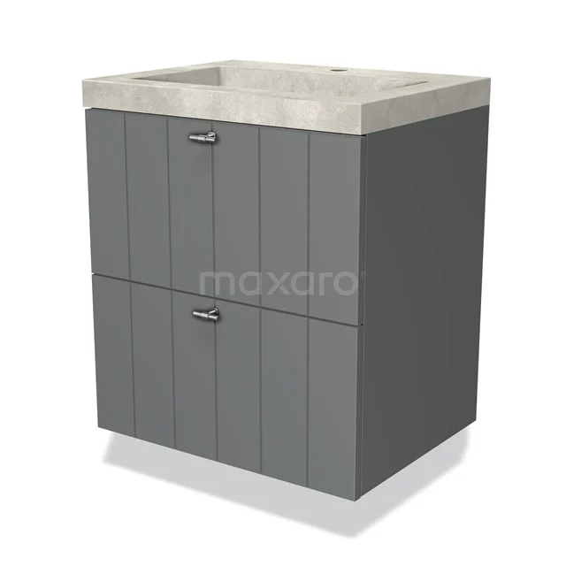 Badmöbel 60cm Modulo Mittelgrau 2 Schubladen Laminat Waschbecken Beton Greige BMW17-02448 Grau Badmöbel mit zwei Schubladen, vertikalen Linien und einem Betonlook Waschbecken; modernes und funktionales Design.