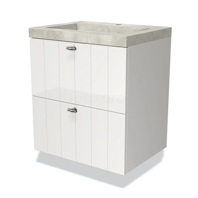 Badmöbel 60cm Modulo Hochglanz Weiß 2 Schubladen Lamellen Waschbecken Beton Greige BMW17-02451 Weißes Holz-Badmöbel mit zwei Schubladen und einem matten grauen Betonlook Waschbecken, ideal für einen modernen Badezimmerstil.