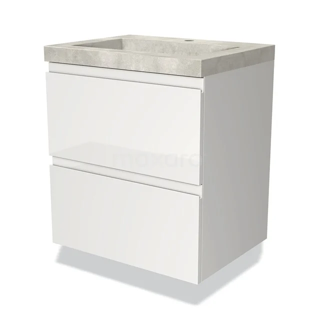 Wit badkamermeubel met 2 soft-close lades, betongrijs wastafelblad, modern design, ideaal voor iedere stijlvolle badkamer.