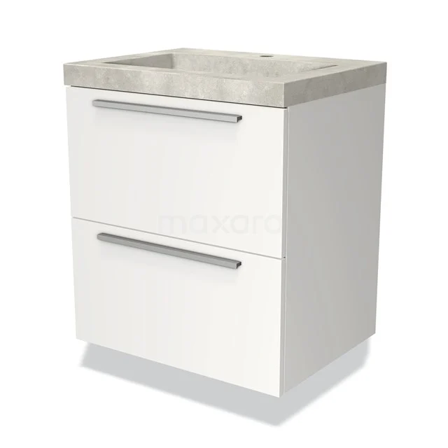 White bathroom unit with concrete-look vanity units with basin, two drawers and rectangular design, ideal for modern bathroom fittings.