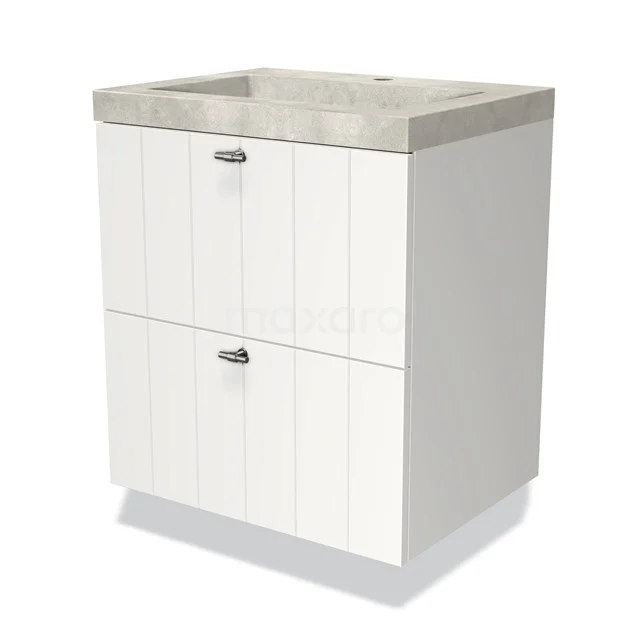 Wit badkamermeubel met twee lades, houtlook fronten en grijs stenen wastafelblad, perfect voor moderne badkamers.