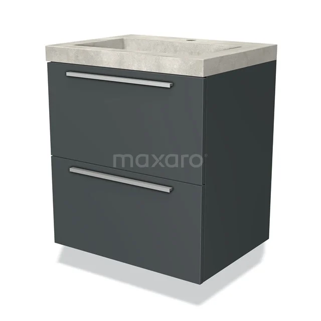 Grijze badkamermeubel met twee lades, betonnen wasblad en strak design. Perfect voor een moderne badkamer inrichting.