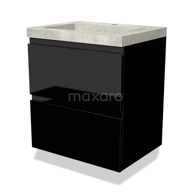 Schwarzer Badschrank mit zwei Schubladen, glänzender Oberfläche und einem Betonlook Waschbecken; modernes Design für stilvolle Bäder.
