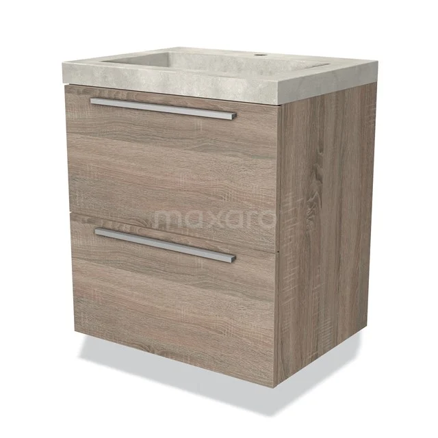 Wooden bathroom unit with two drawers and a concrete-look basin, modern design for a stylish bathroom interior.