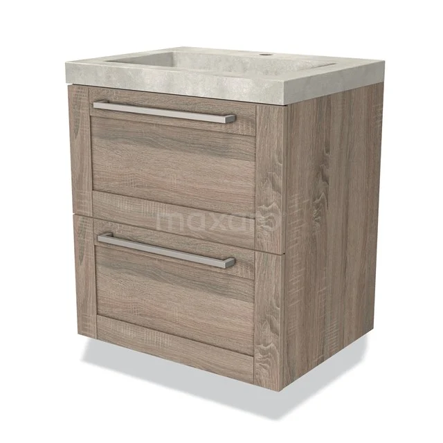 Compact badkamermeubel in houtlook met twee lades en een moderne betonnen wastafel, ideaal voor een stijlvolle badkamer.