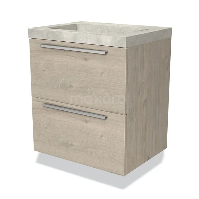 Houten badkamermeubel met twee soft-close lades en keramische wastafel, perfect voor een moderne badkamer.