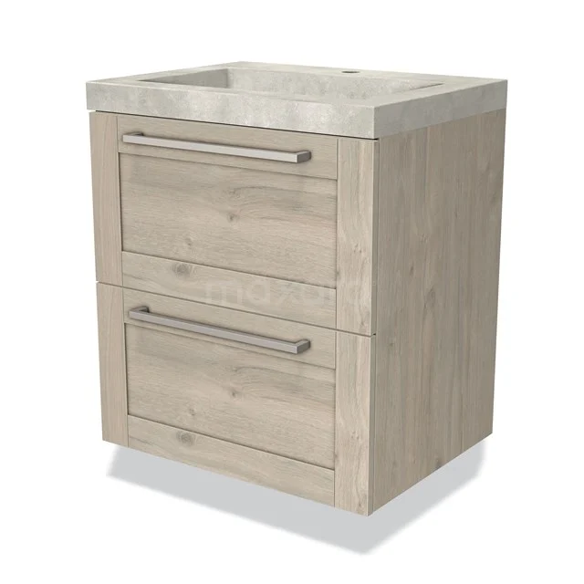 Houten badkamermeubel met twee lades en geïntegreerde wastafel van betonlook, ideaal voor moderne badkamerinrichtingen.