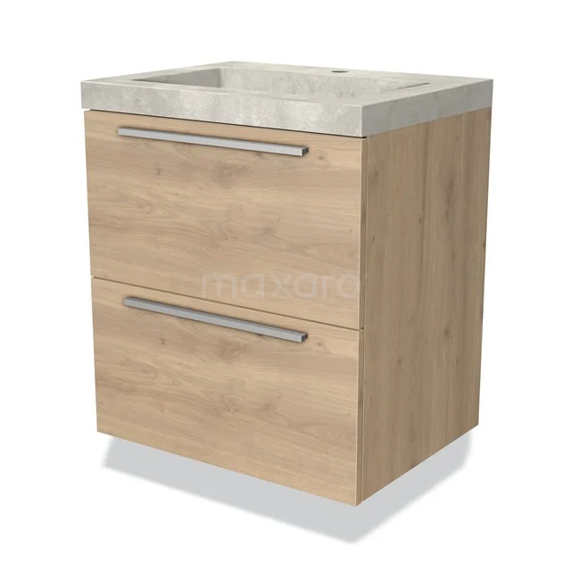 Houten badkamermeubel met twee lades en een natuurstenen wastafel, modern design voor een stijlvolle badkamer inrichting.