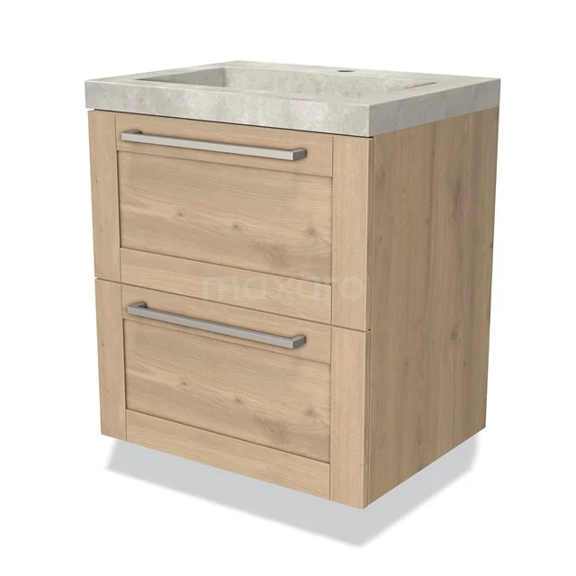 Houten badkamermeubel met twee lades en een betonlook wastafel, ideaal voor een stijlvolle en praktische badkamer.