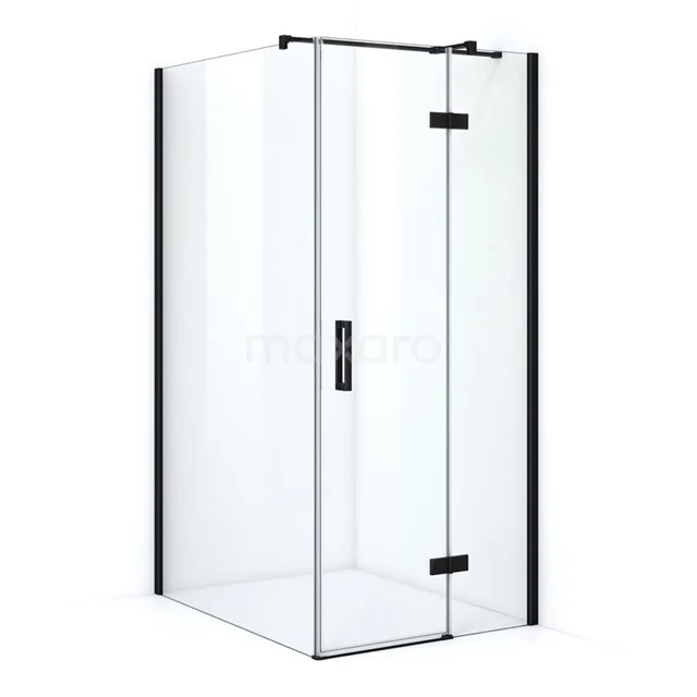 Sleek glass shower enclosure with black accents, including pivot door, ideal for a modern bathroom style.