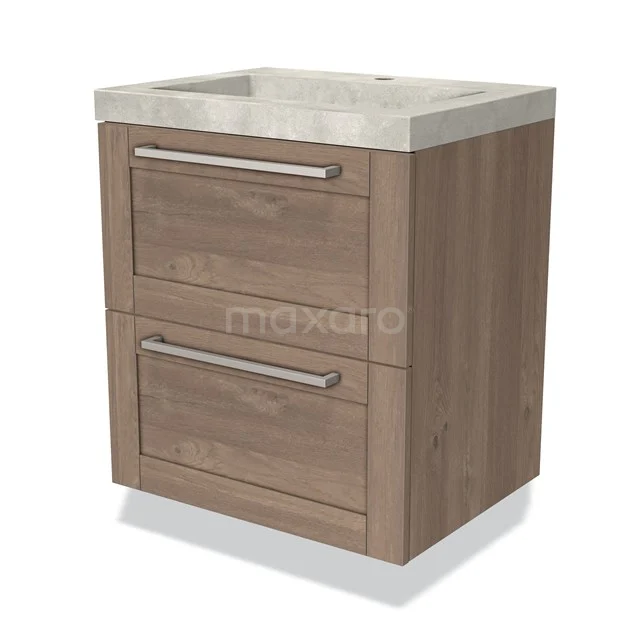 Compact houten badkamermeubel met twee lades en ingebouwde wastafel, perfect voor moderne badkameropslag.