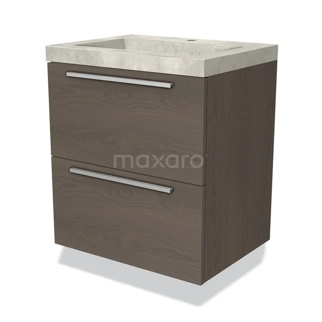 Houten badkamermeubel met twee lades, moderne uitstraling en grijze wastafel; compact design voor stijlvolle badkamers.