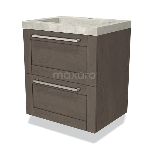 Houten badkamermeubel met twee lades en geïntegreerd wastafelblad van natuursteen, modern design voor stijlvolle badkamers.