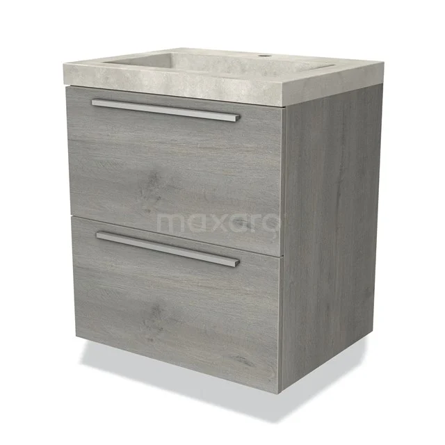 Grijze badkamerkast met houtlook, twee lades en geïntegreerde wastafel, ideaal voor een moderne badkamerinrichting.
