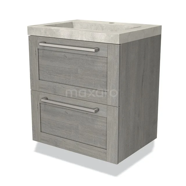 Houten badkamermeubel met 2 lades en betonnen wastafel, modern design, ideaal voor stijl en opbergruimte in de badkamer.