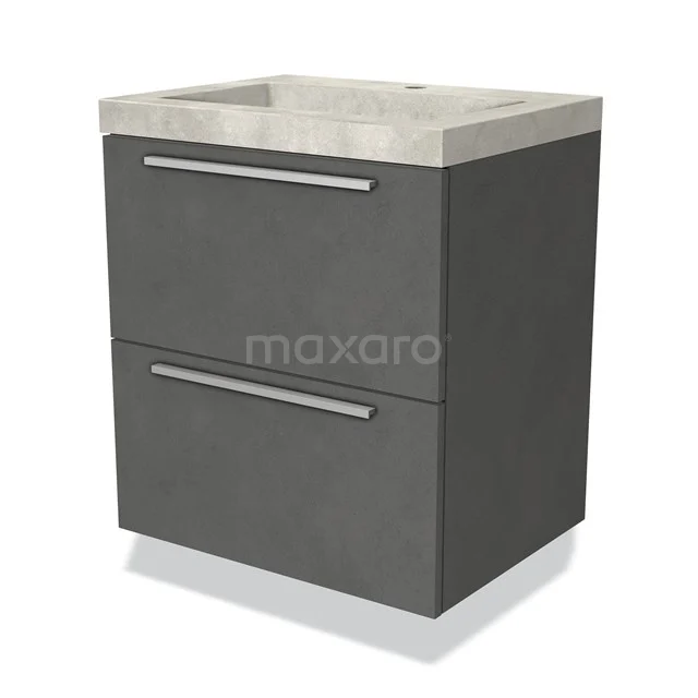 Donkergrijze badkamermeubel met betonlook wastafel, twee lades en metalen handgrepen; modern en functioneel design.