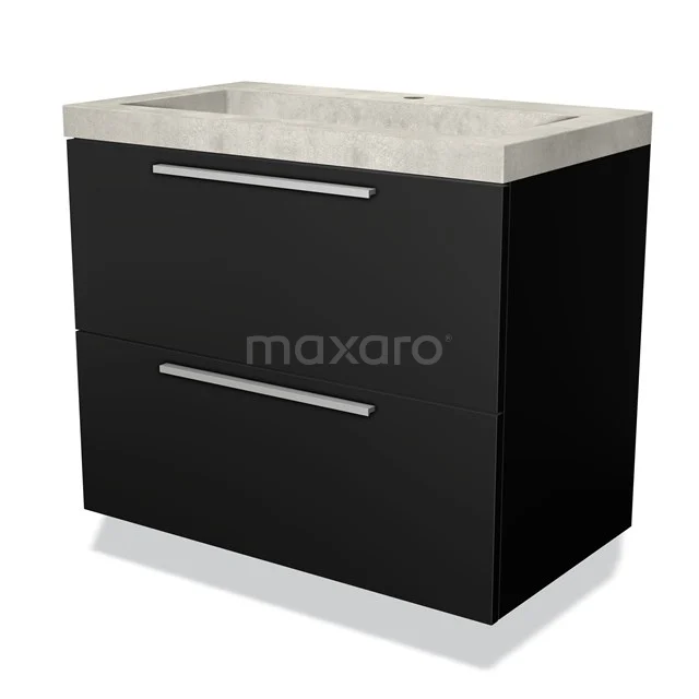 Zwarte badkamermeubel met twee lades, rechthoekig design, en een lichtgrijze wastafel van keramiek, modern en stijlvol.