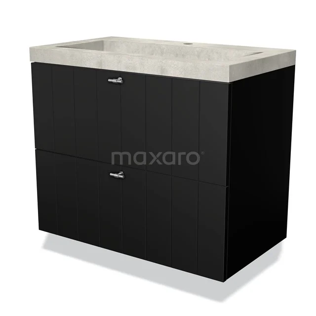 Schwarzer Badschrank mit zwei Schubladen und einer grauen Waschtischplatte, modernes Design und nachhaltige Materialien.