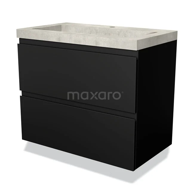 Zwart badkamermeubel met betonlook wastafel, modern design en twee ruime lades voor praktische opslag in de badkamer.