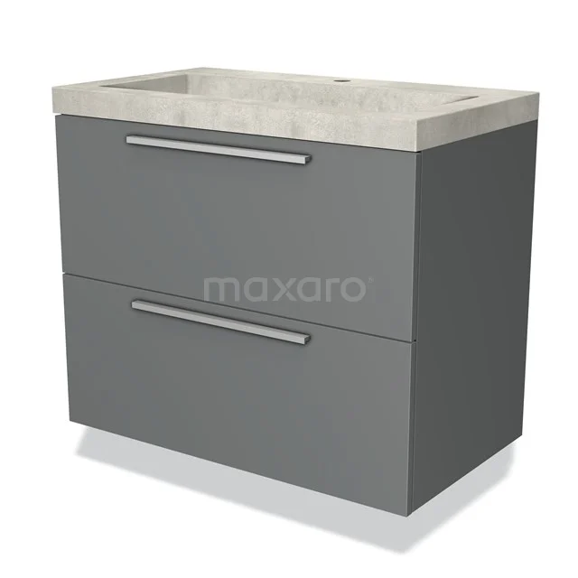 Grijs badkamermeubel met twee lades en een betonlook wastafelblad, strak design voor moderne badkamers.