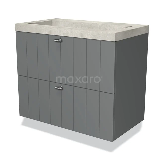Grey bathroom furniture set with concrete basin, modern look, vertical panels, ideal for a stylish bathroom.