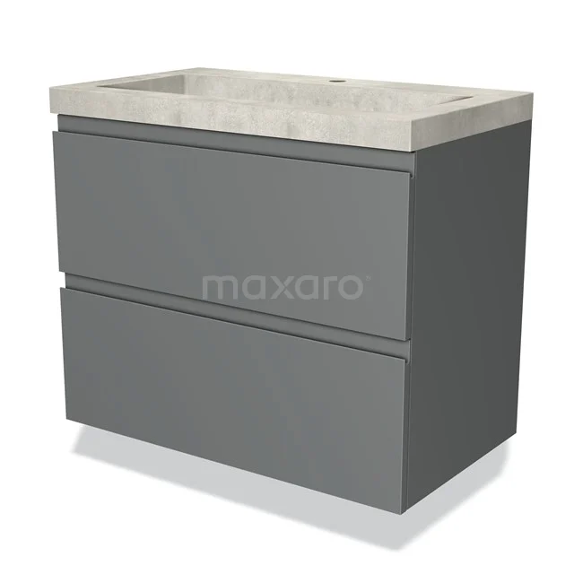 Grijze badkamermeubelset met betonnen wastafel, strak design, twee softclose lades en moderne uitstraling.