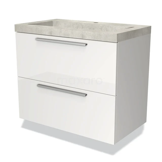 White bathroom unit with two drawers, modern design and a grey concrete-look vanity units with basin; ideal for a sleek bathroom style.