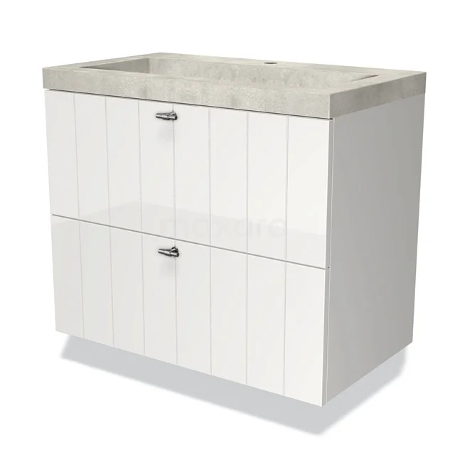 Weißes Badezimmermöbel mit zwei Schubladen und Betonlook Waschbecken, modernes Design mit vertikalen Rillen für eine stilvolle Ausstrahlung.