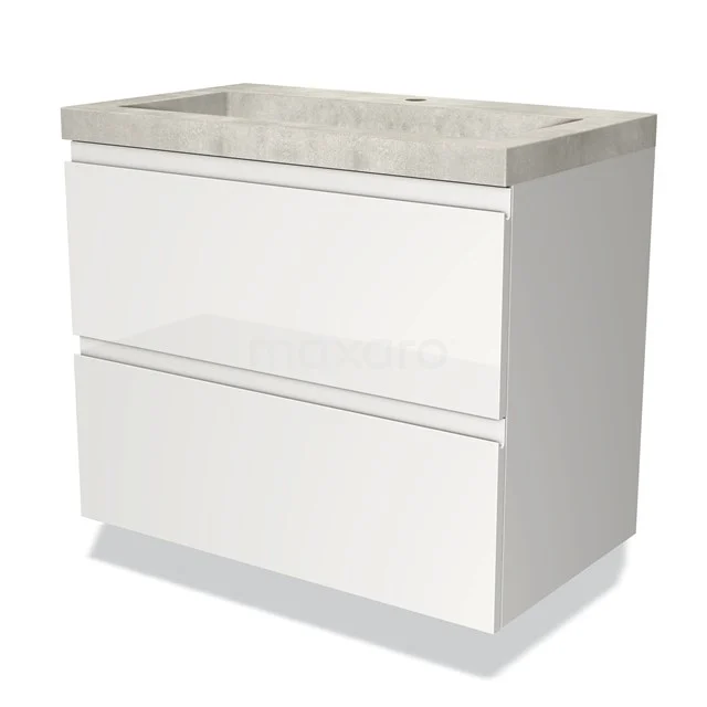 Weißes Badezimmermöbel mit zwei Schubladen und einer grauen Waschtischplatte im Betonlook, modernes Design für ein stilvolles Badezimmer.