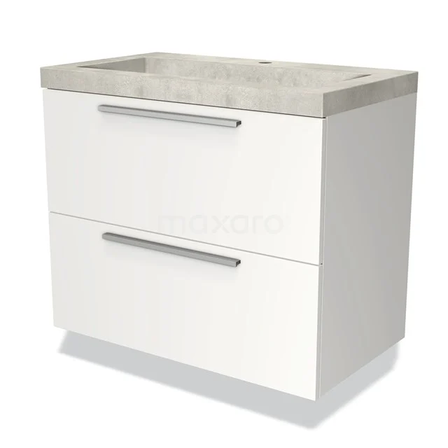 White bathroom unit with two drawers, modern design, concrete-look basin worktop, ideal for stylish bathroom storage.