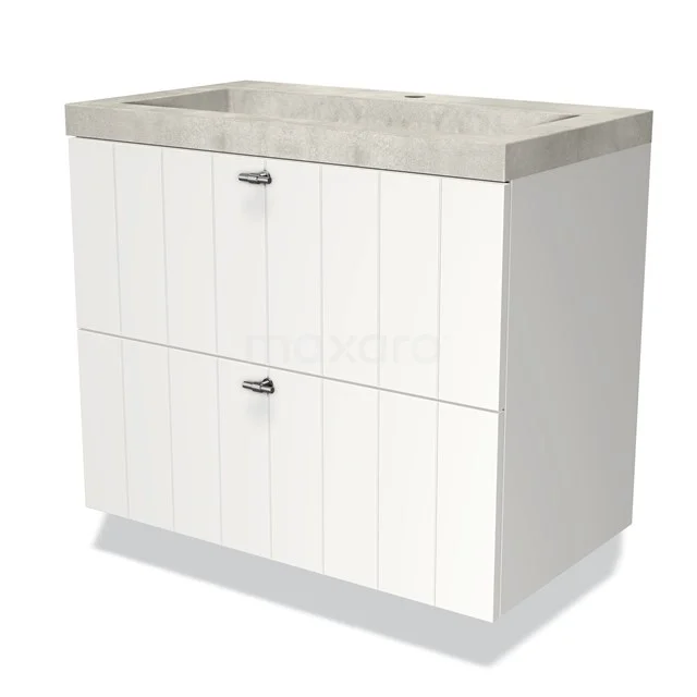 Wit badkamermeubel met twee lades en betonlook wastafel, modern design, ideaal voor opbergruimte in de badkamer.