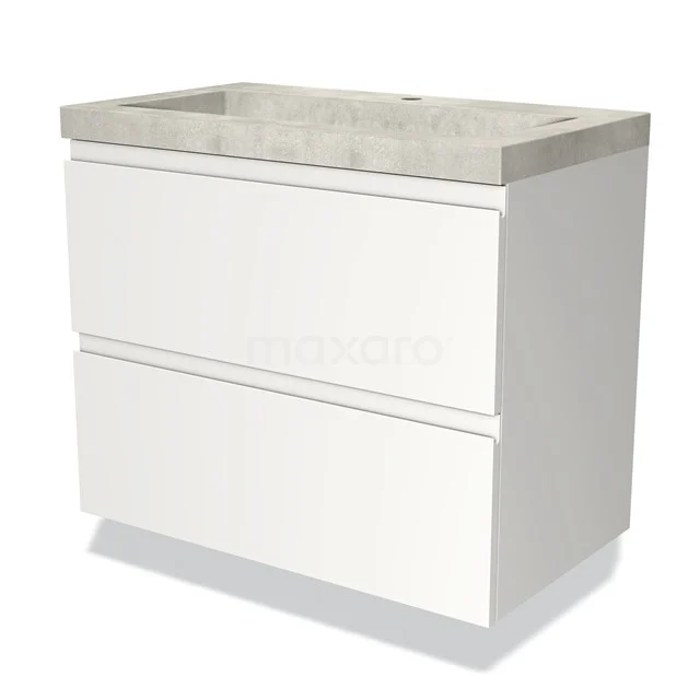 White Bathroom unit with two drawers, concrete-look basin worktop, modern design, ideal for stylish and functional bathrooms.