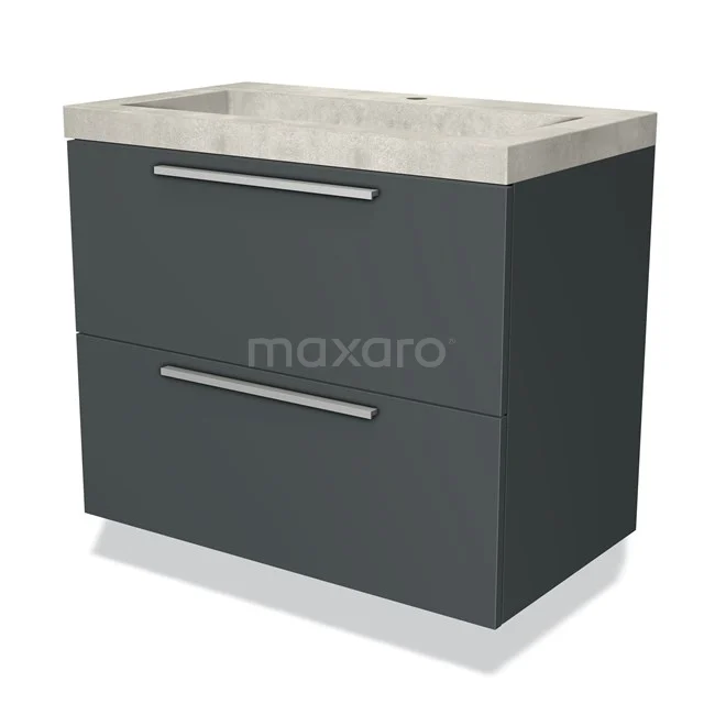 Antraciet grijze badkamermeubel met betonlook wastafel, twee lades en strakke handgrepen, ideaal voor moderne badkamers.
