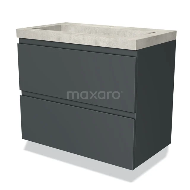 Antraciet badkamermeubel met betonnen wastafel, modern design, twee greeploze lades, ideaal voor stijlvolle badkamers.
