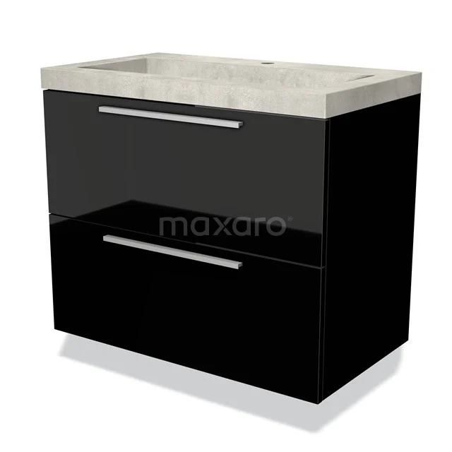 Zwarte badkamermeubel met twee lades en een betonlook wastafel, ideaal voor een moderne badkamerstijl.